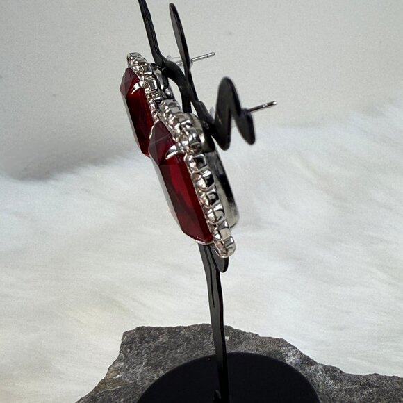 Vintage Red & Clear Glass Prong Set Rhinestone Pierced Earrings - Picture 6 of 7